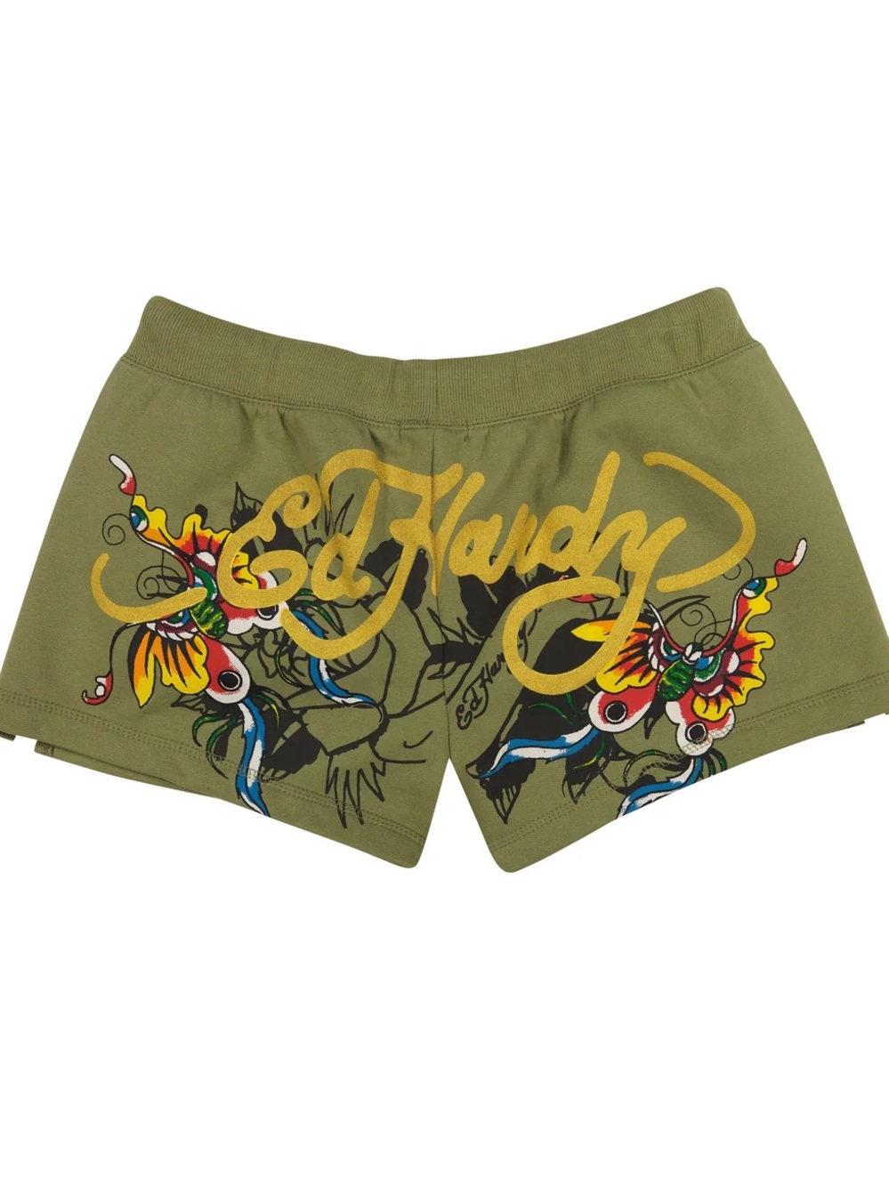 Ed Hardy Butterflies Fleece Shorts Light Olive XL Y2K Tattoo
